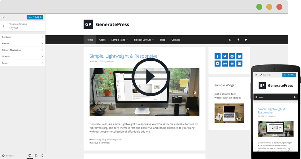 Image of the GeneratePress theme on desktop and mobile responsive