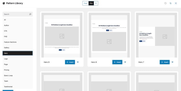GenerateBlocks Pattern Library in the WordPress editor