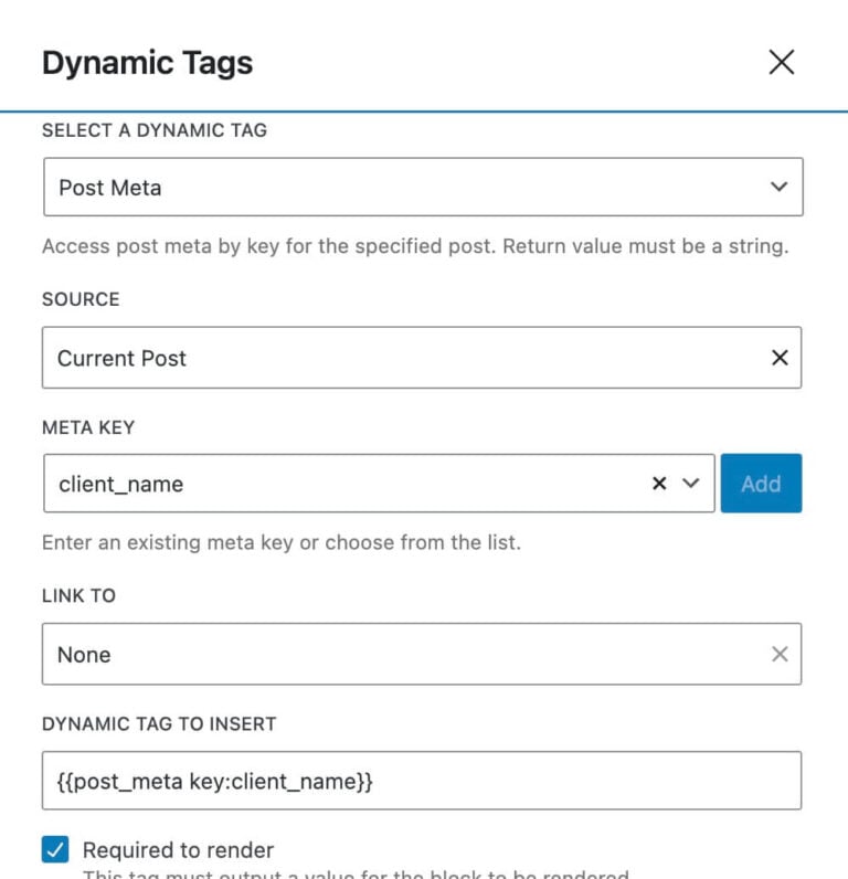 dynamic-tags-client-name Dynamic Tag Post Meta: Client Name