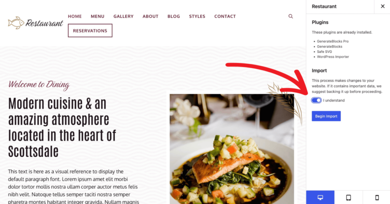 restaurant-begin-import GeneratePress Restaurant Starter Site Begin Import
