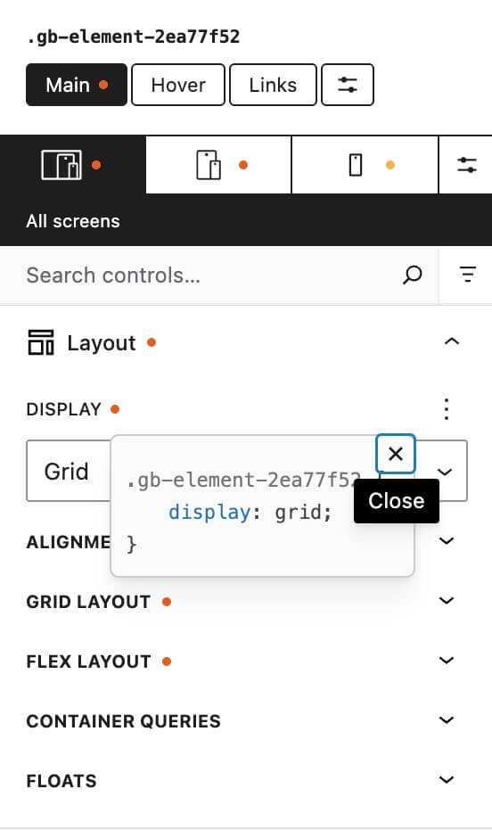edit-styles editing CSS after clicking colored dots