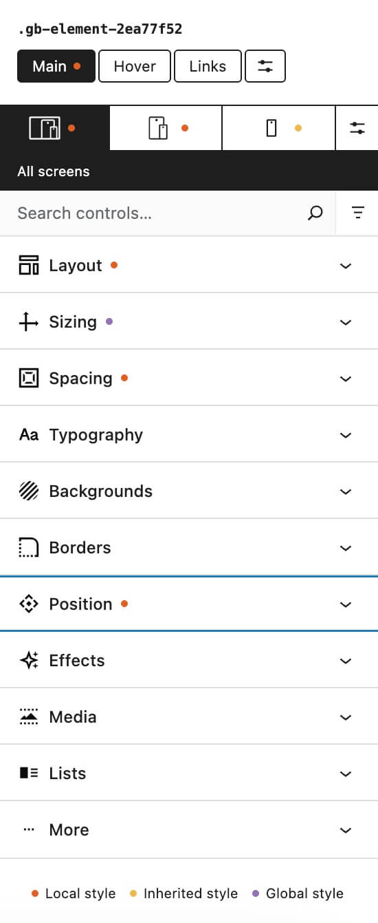 local-inherited-global colored dot system for local, inherited, and global styles