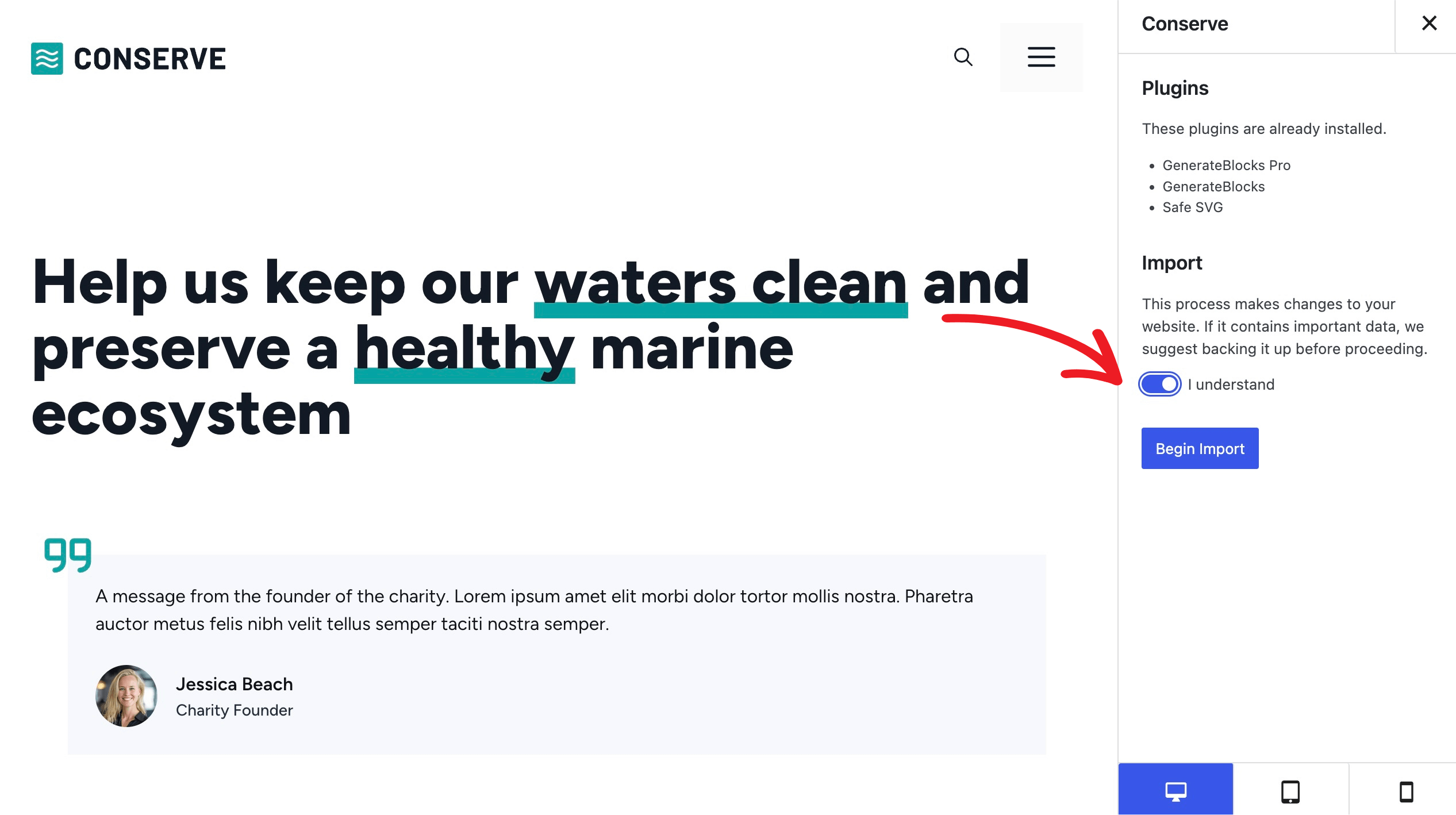 charity-begin-import Confirm Importing and Overwriting Current Site