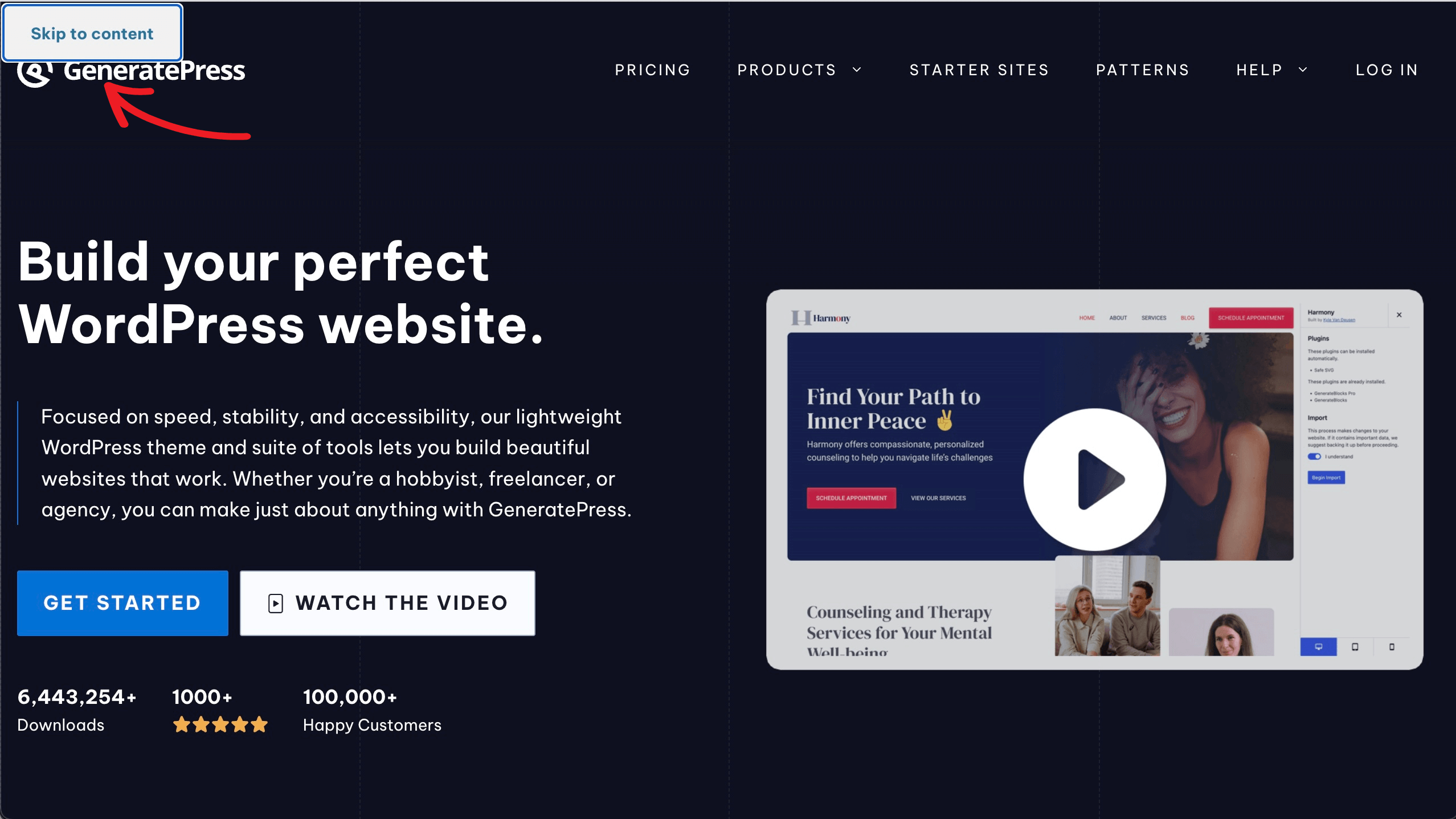 skip-to-content GeneratePress adds the skip to content navigation for keyboard navigation