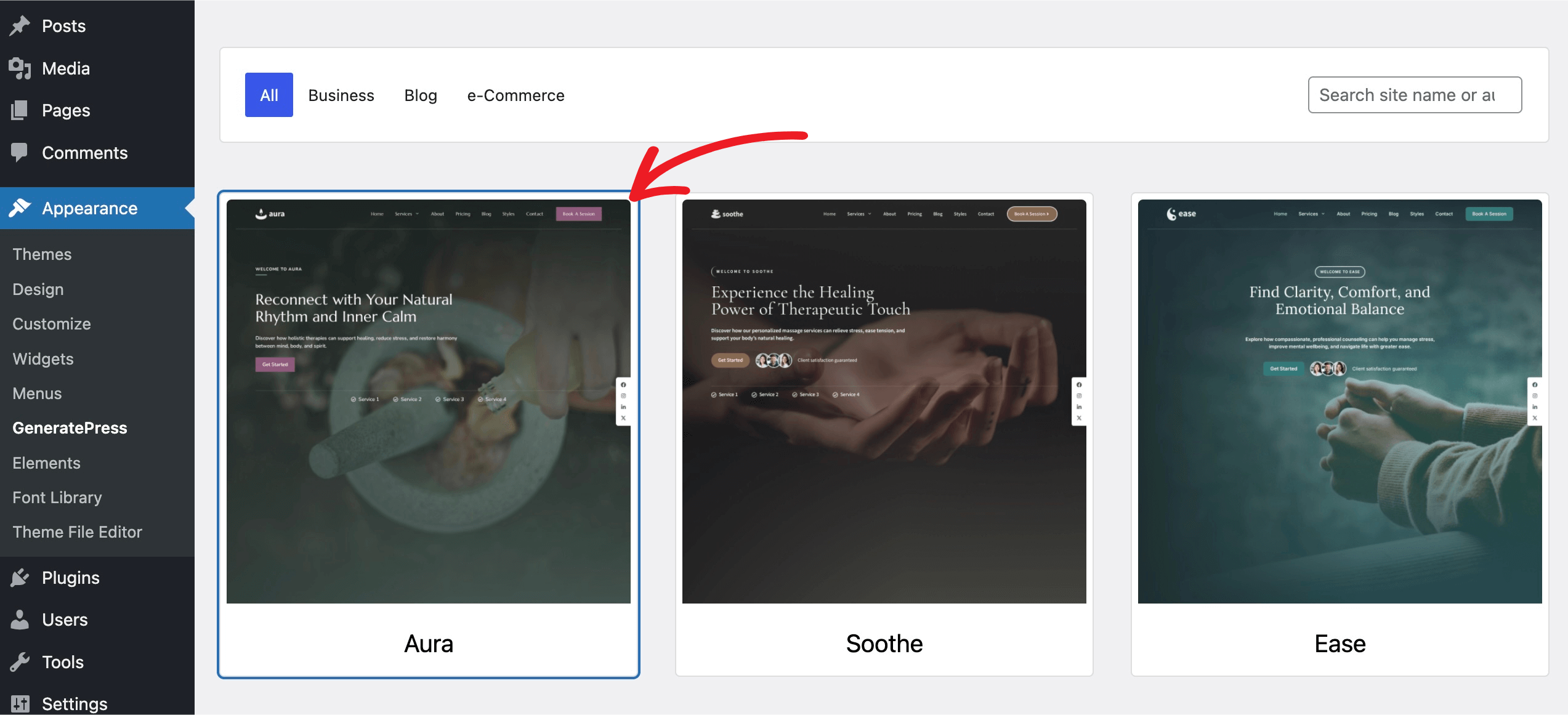 site-library-choose-aura Choose Starter Site from the Site Library