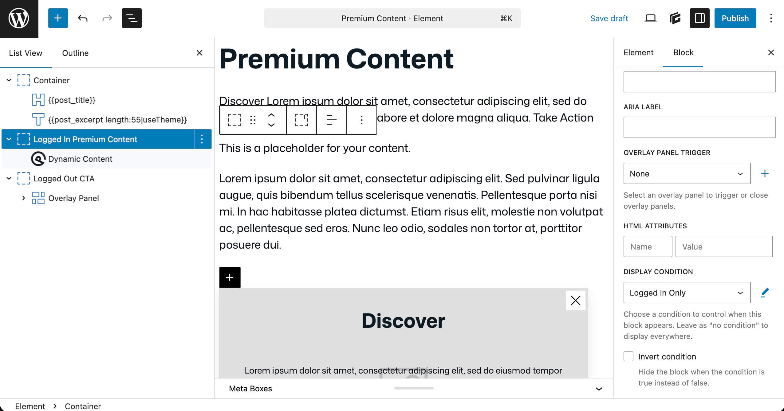 Premium Content Element Settings