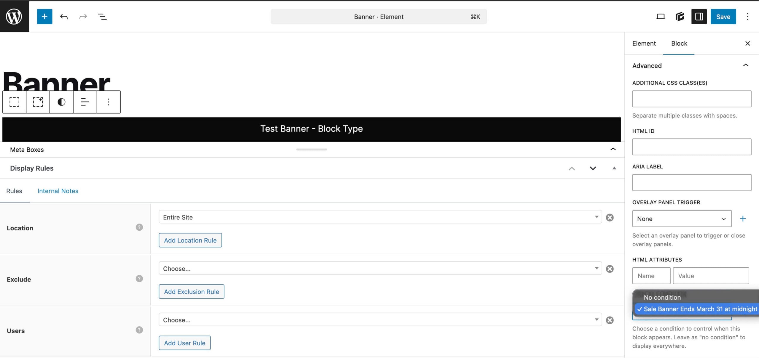 setting display conditions on a block