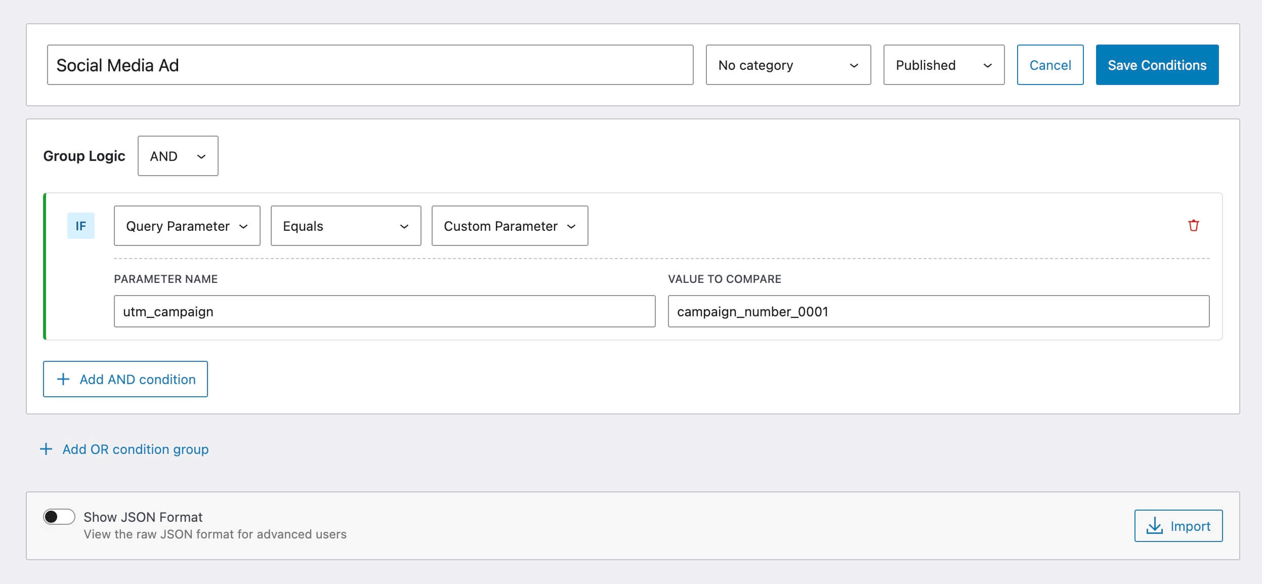 set condition to detect parameter name and value
