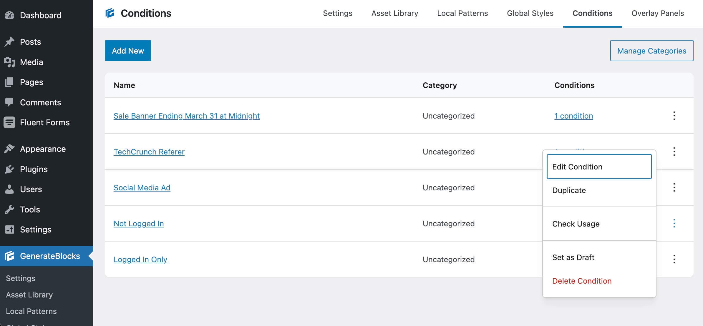 check usage of a condition by clicking the 3 dots on the right of the condition