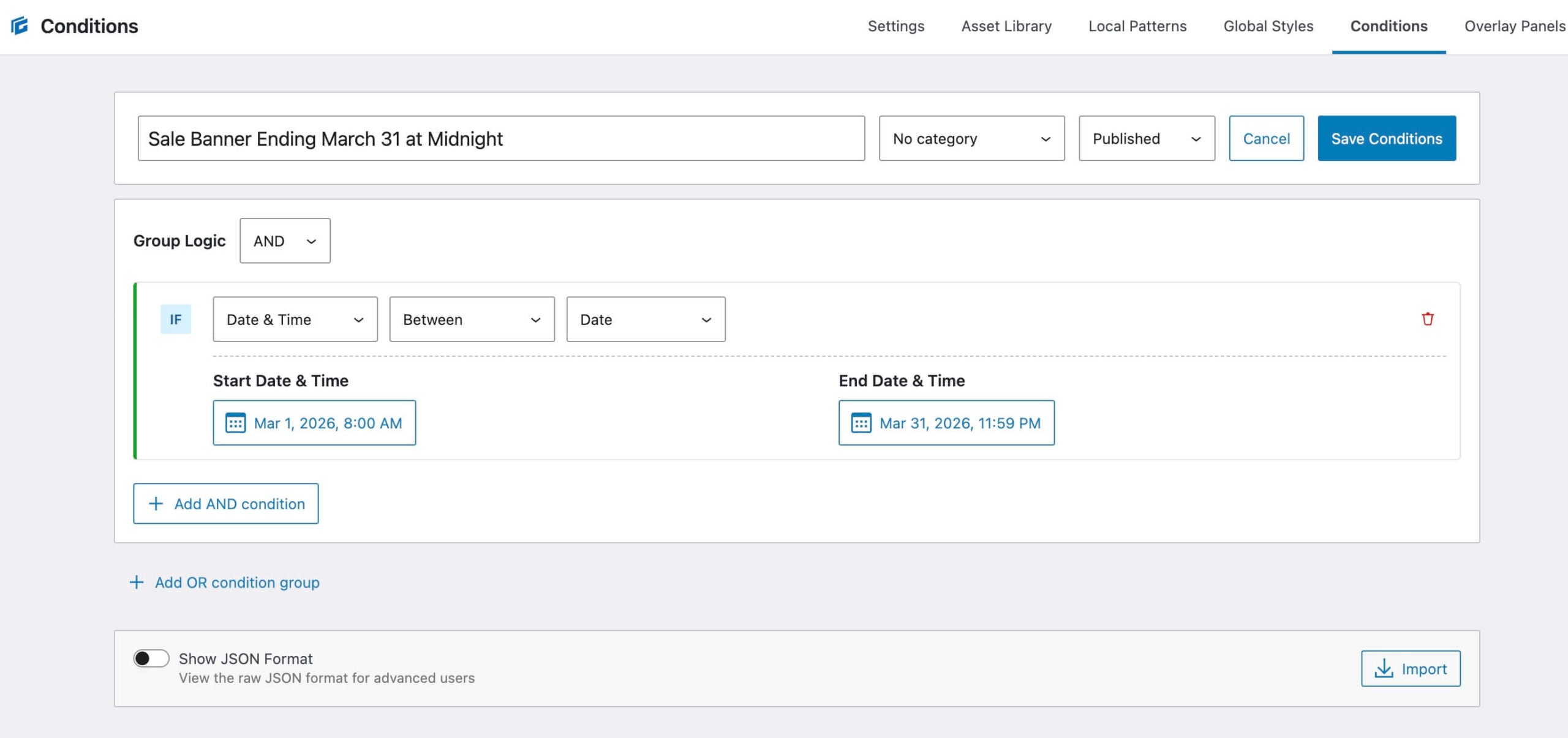 Setting Condition with Date Range in GenerateBlocks