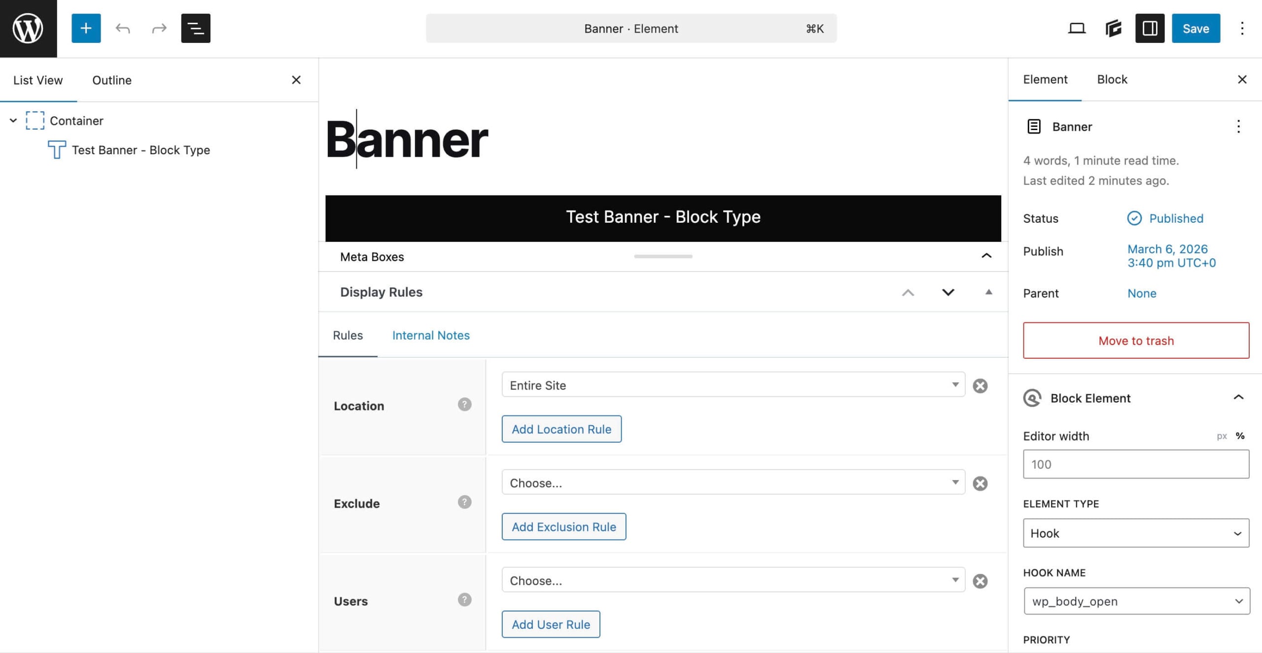 use Elements to create a banner with a hook