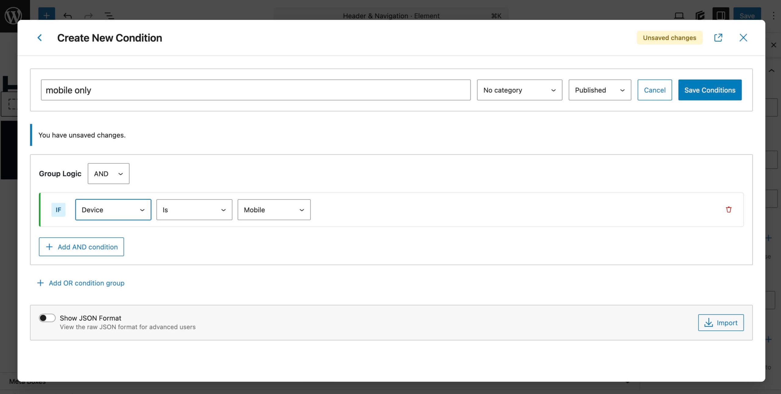 Create New Condition Mobile Only