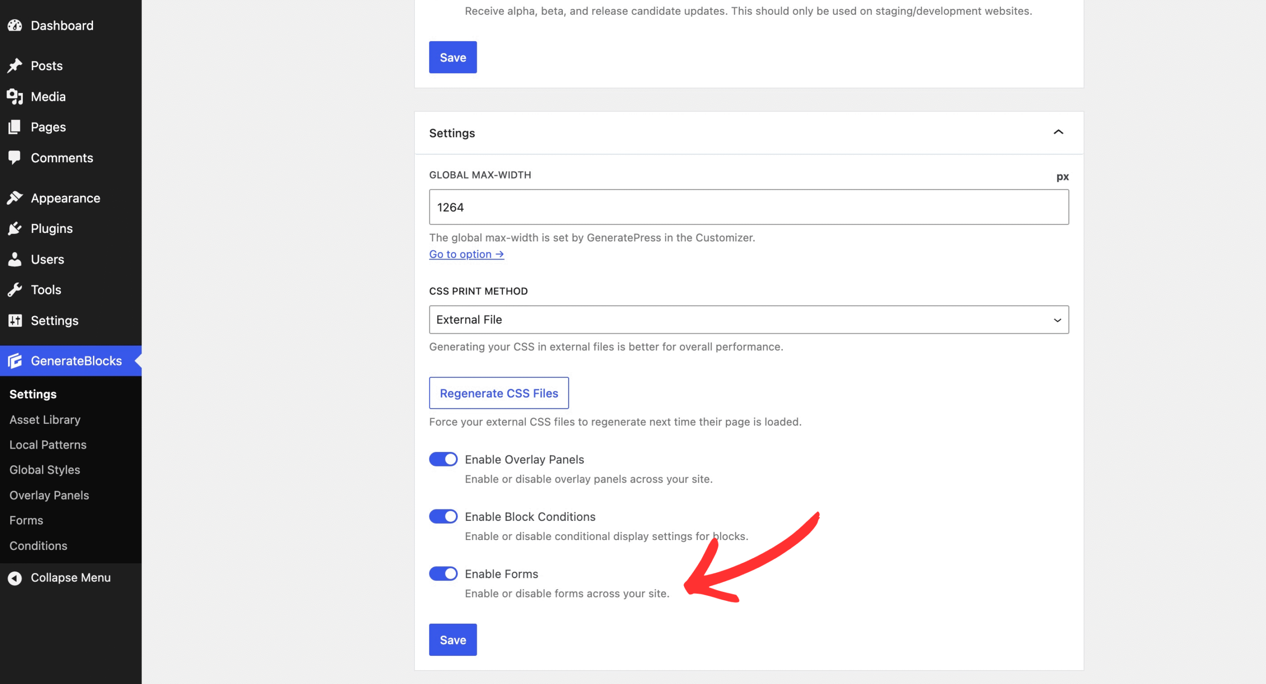 Toggle forms on to get started in GenerateBlocks