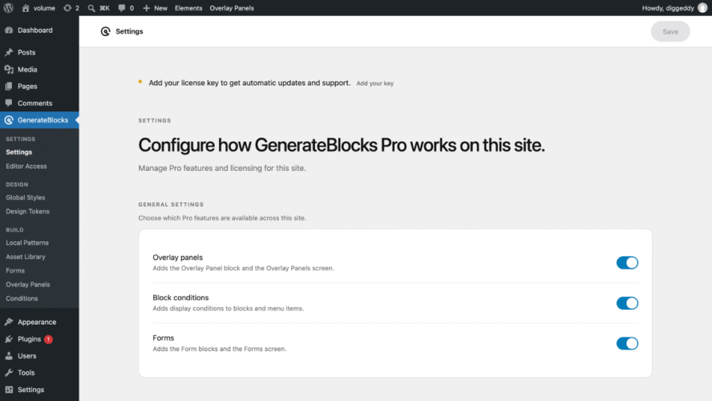GenerateBlocks New Settings and Admin Menu