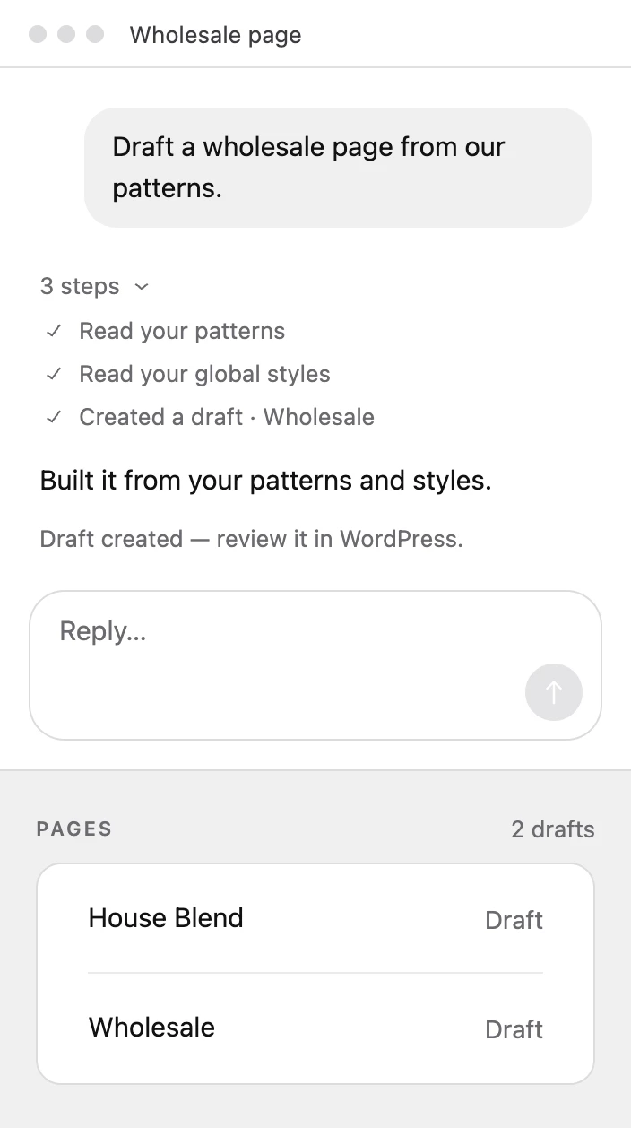 An AI session drafting a wholesale page from the site’s patterns, above the Pages list with the new draft