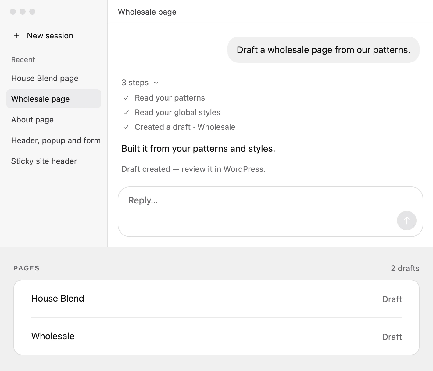 An AI session drafting a wholesale page from the site’s patterns, above the Pages list with the new draft