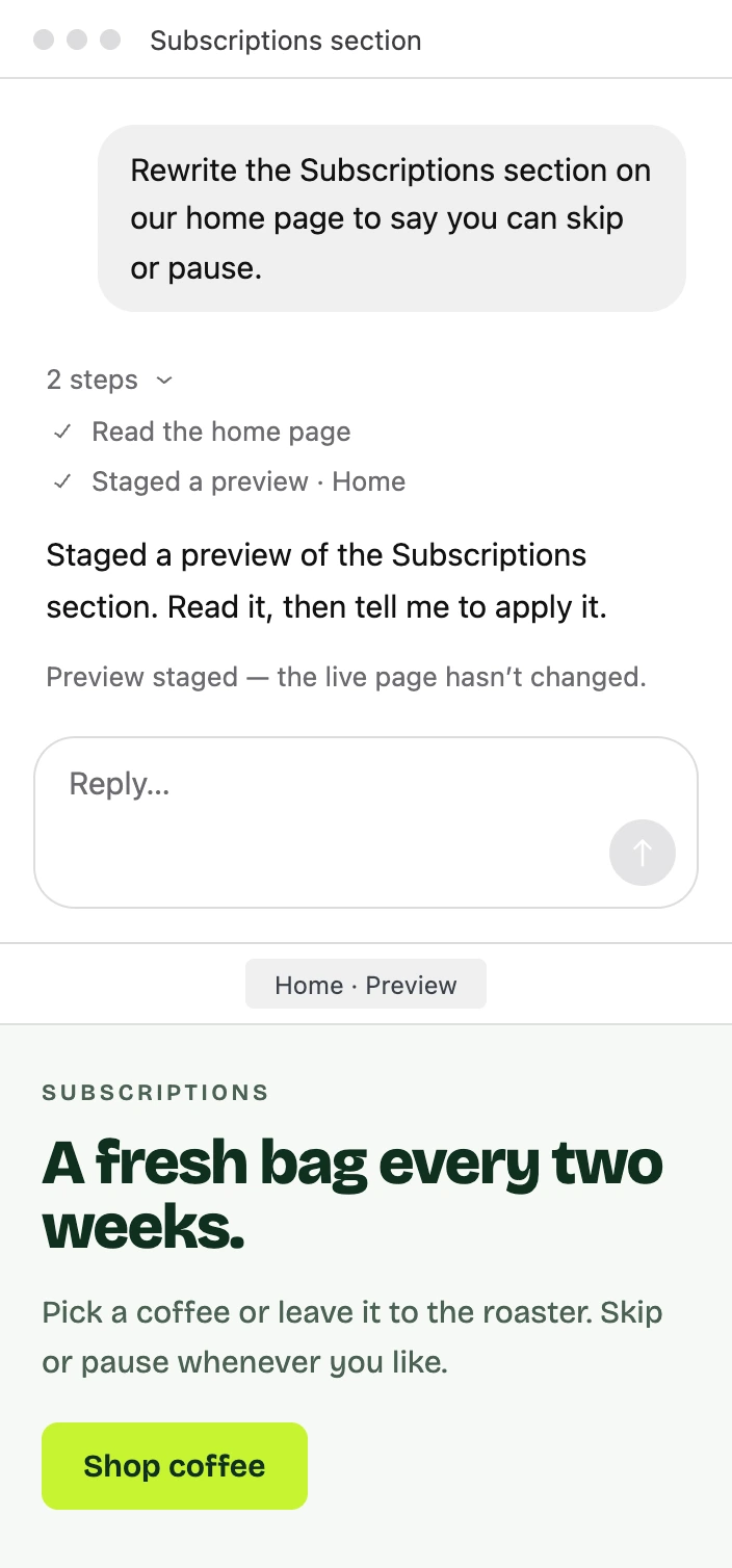 An AI session staging a rewrite of the Subscriptions section, above the staged preview of Acme’s home page