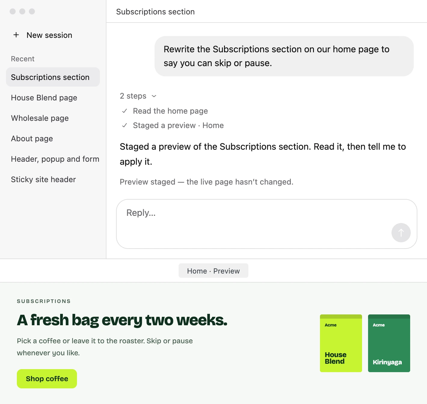 An AI session staging a rewrite of the Subscriptions section, above the staged preview of Acme’s home page
