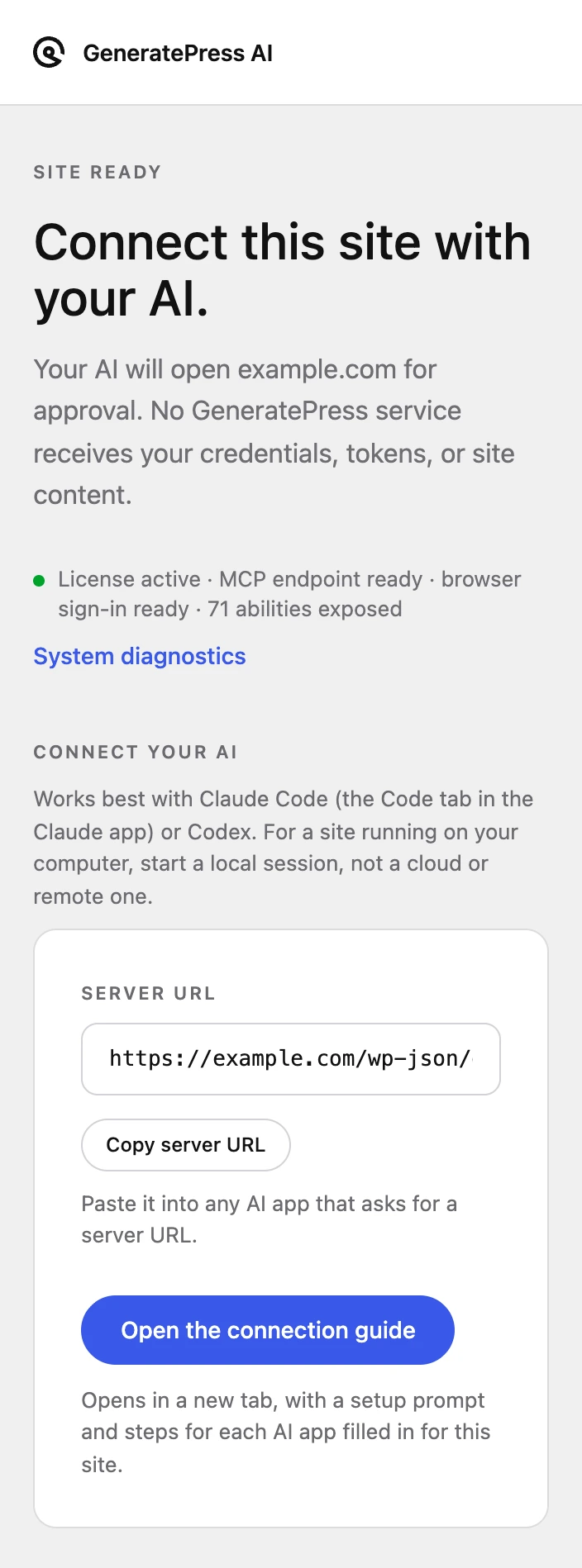The GeneratePress AI settings screen, with the server URL to copy and a link to the connection guide