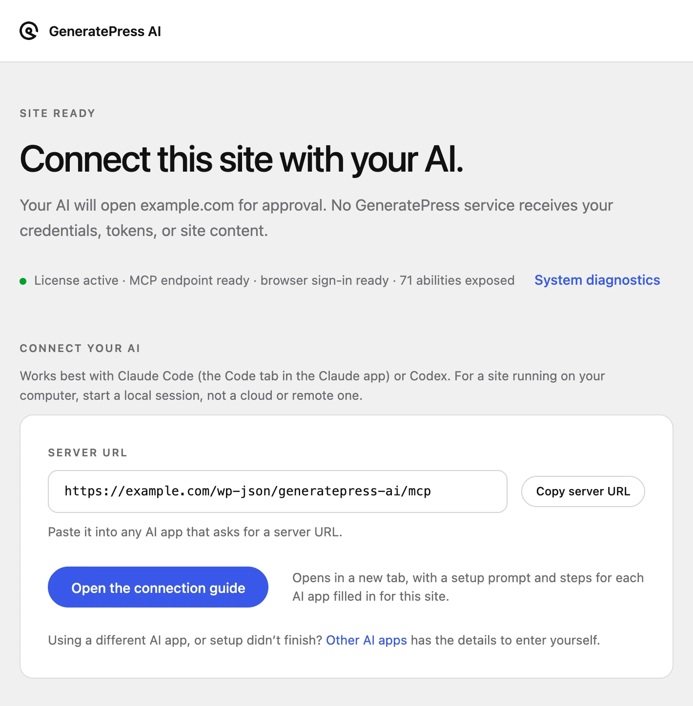The GeneratePress AI settings screen, with the server URL to copy and a link to the connection guide