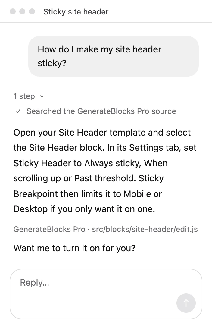 An AI session explaining how to make the site header sticky from the Site Header block’s settings, and offering to turn it on