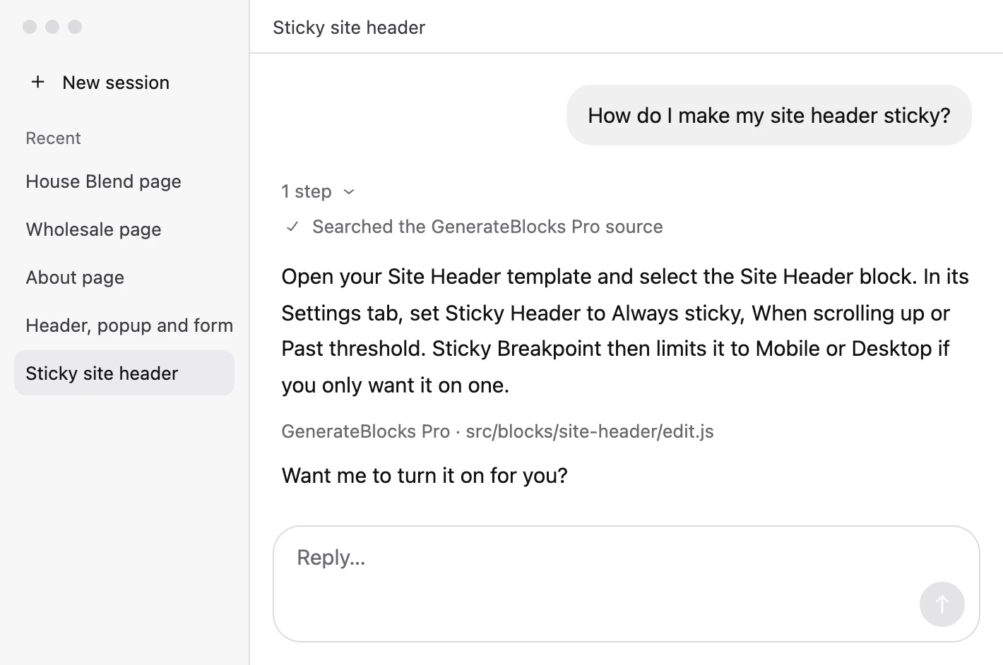 An AI session explaining how to make the site header sticky from the Site Header block’s settings, and offering to turn it on