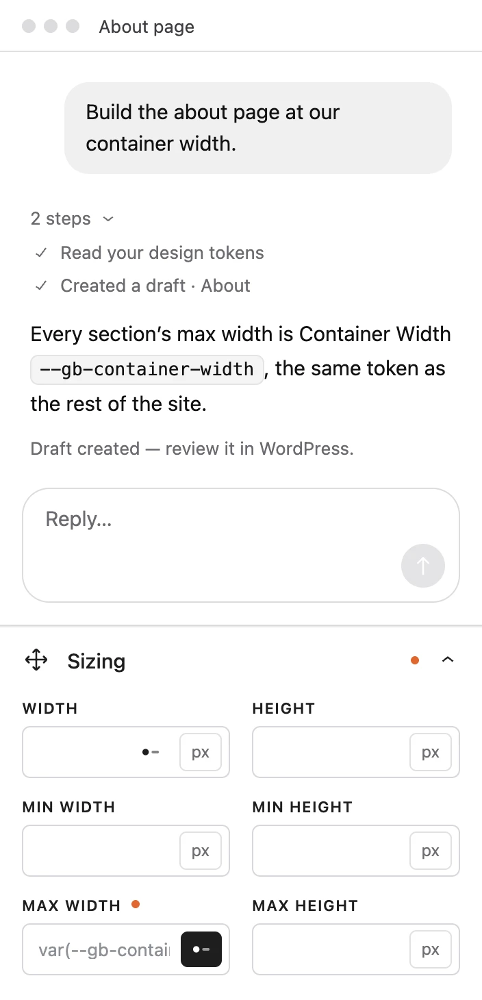 An AI session building the about page at the container width, above the Sizing panel with Max width bound to the token