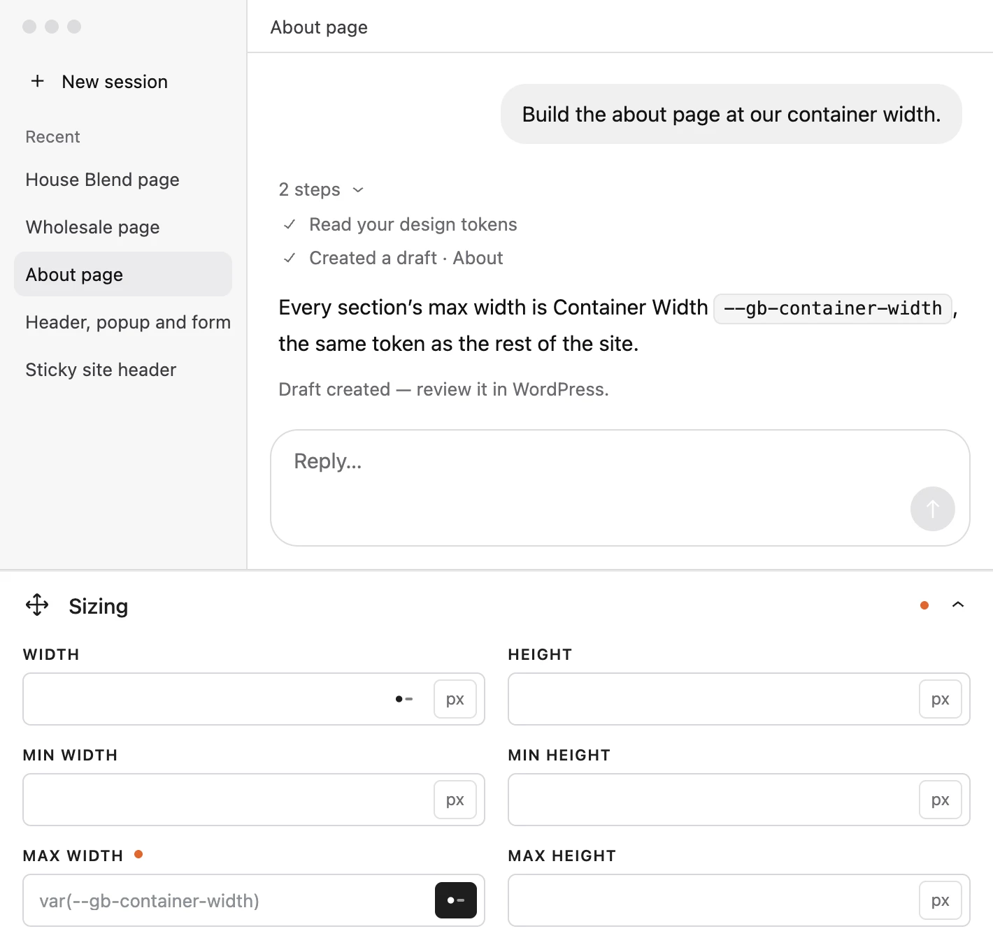 An AI session building the about page at the container width, above the Sizing panel with Max width bound to the token