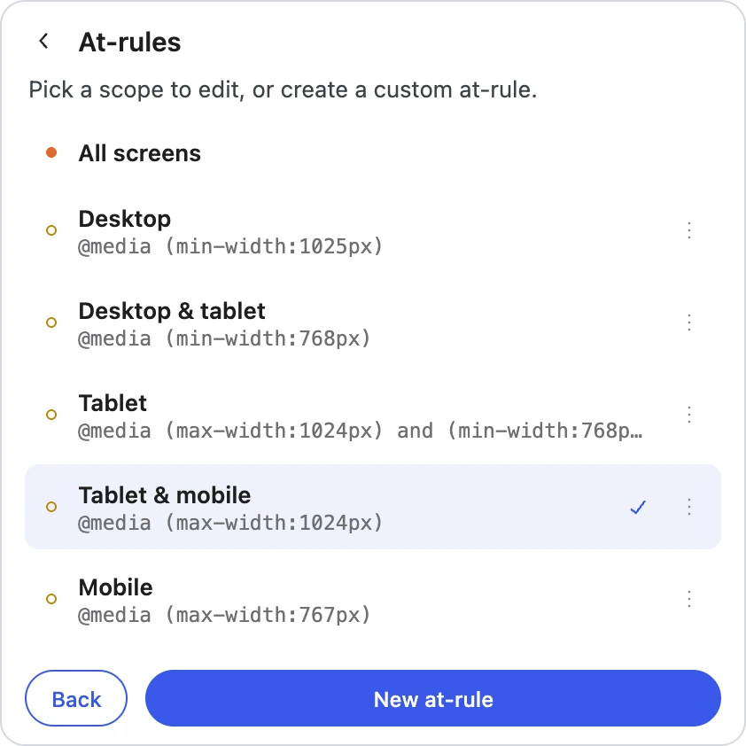 The at-rules picker: every breakpoint scope, one of them active