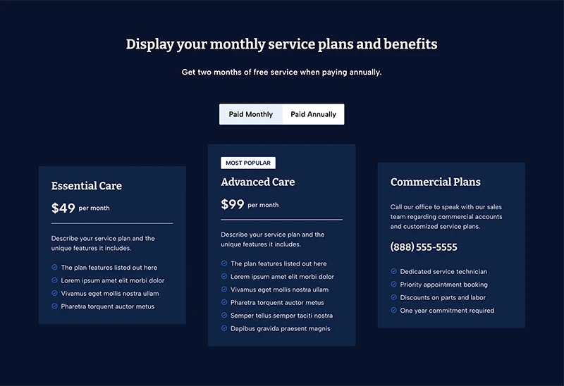 Pricing table section from the GeneratePress starter site Bookkeeping