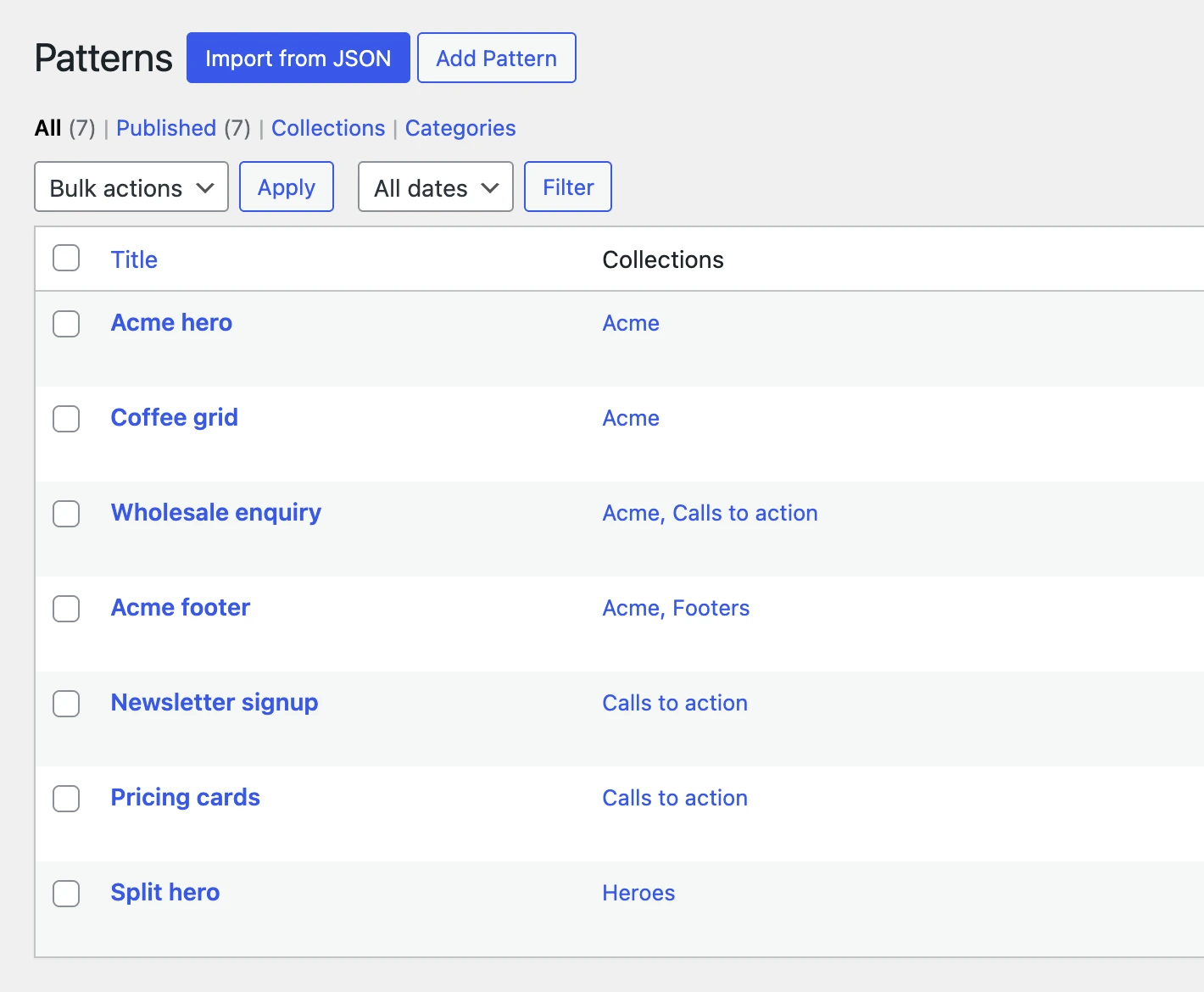 Patterns saved on the library site, each listed with its collections, Acme’s four together under Acme