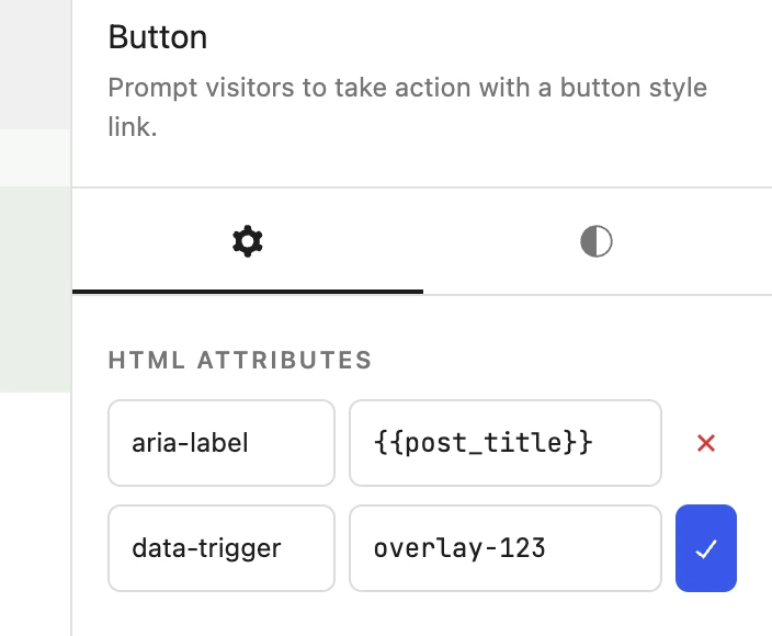 The block inspector’s HTML attributes: aria-label set to the post title tag, a pending data-trigger of overlay-123