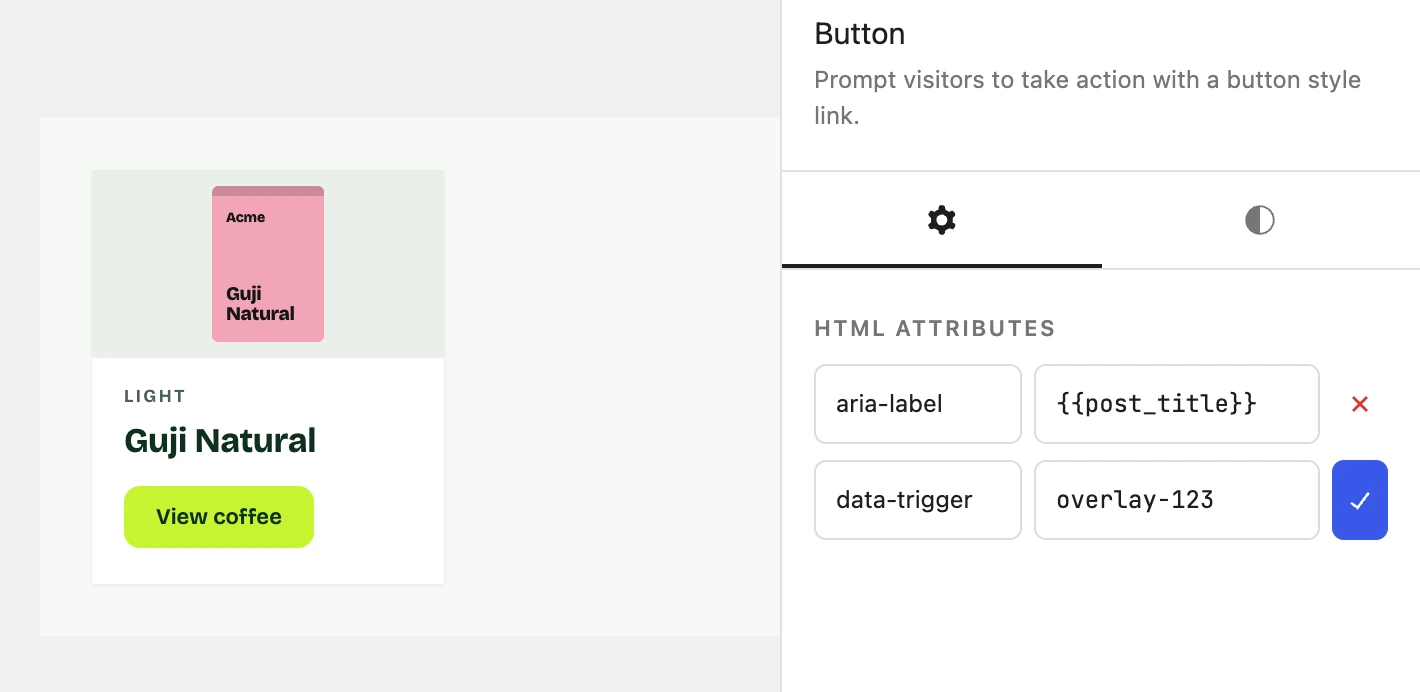The block inspector’s HTML attributes: aria-label set to the post title tag, a pending data-trigger of overlay-123
