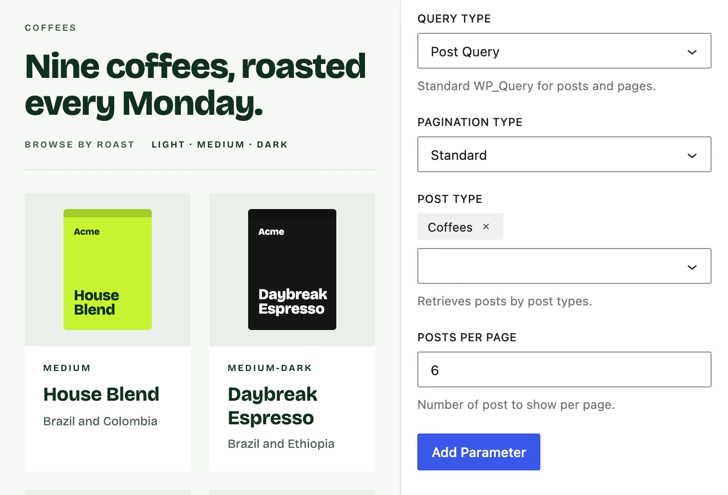 The Query inspector: query type, pagination type, post type Coffees
