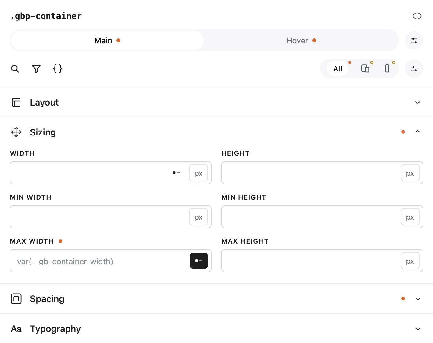 A block’s design panel: Main and Hover, with Layout and Sizing