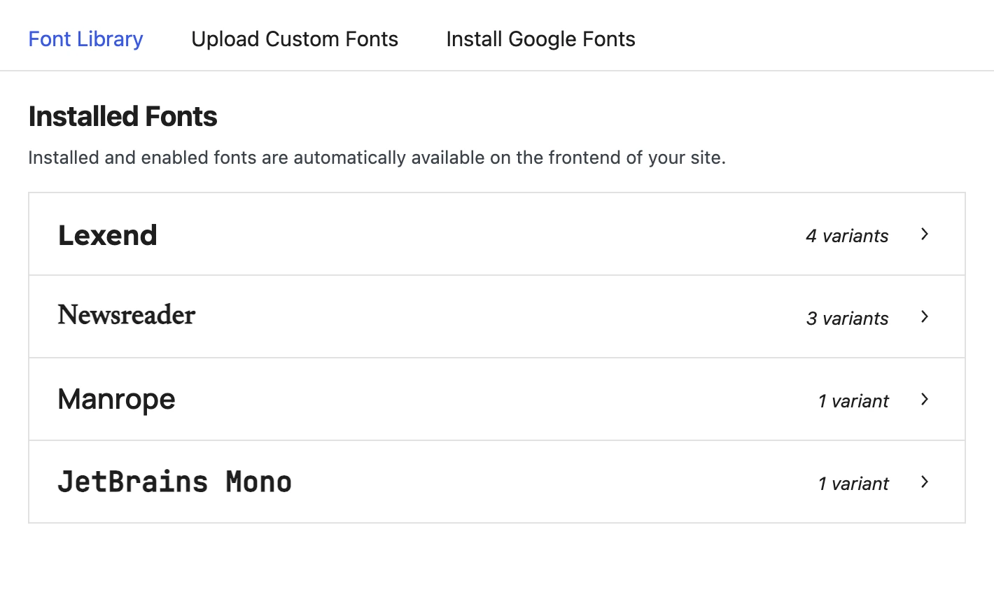 The Font Library’s Installed Fonts list, each family set in its own face