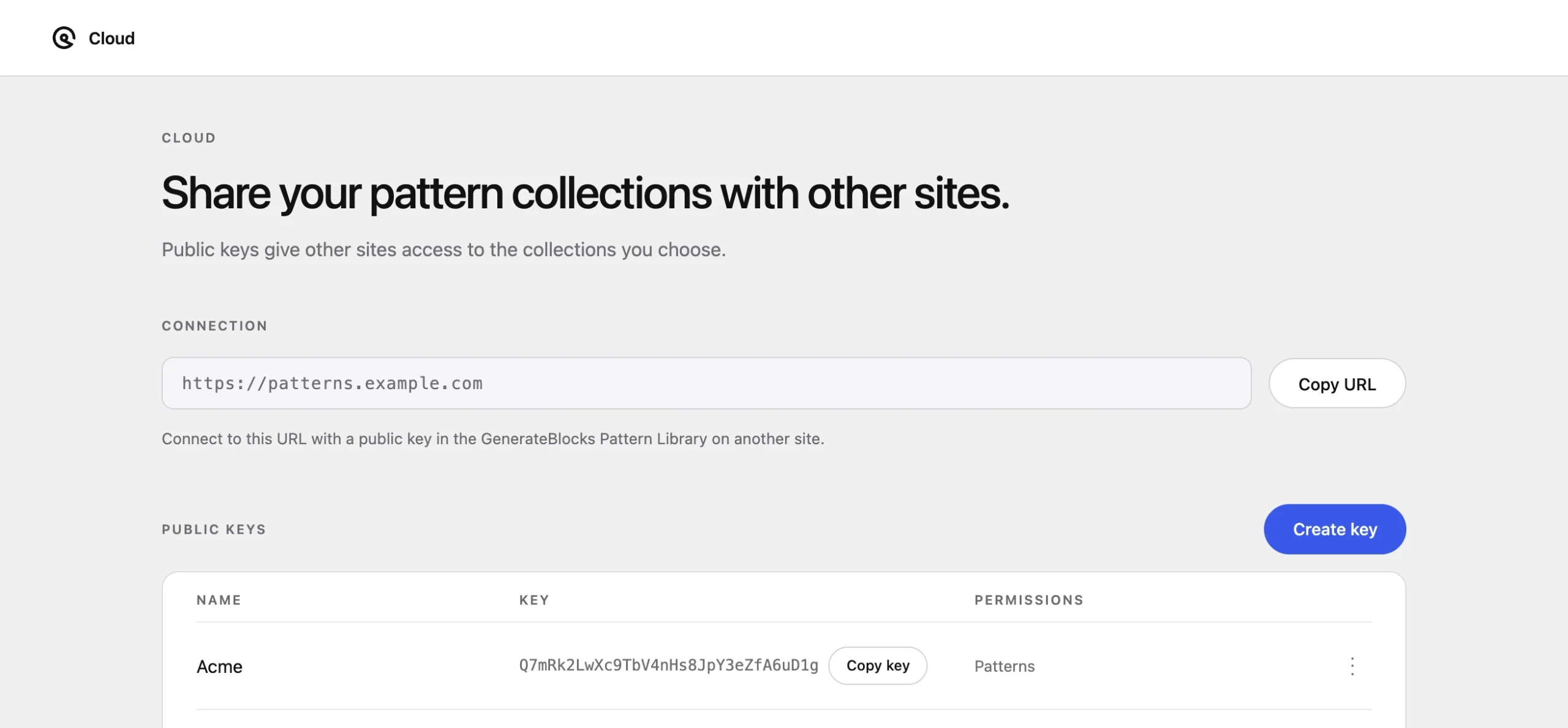 The library site’s Cloud screen: its connection URL, and public keys for Acme and other client sites, each with access to patterns