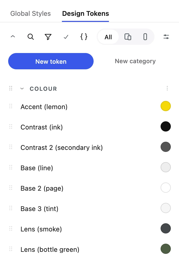 The Design Tokens panel with Shadeby’s eight colour tokens and their swatches