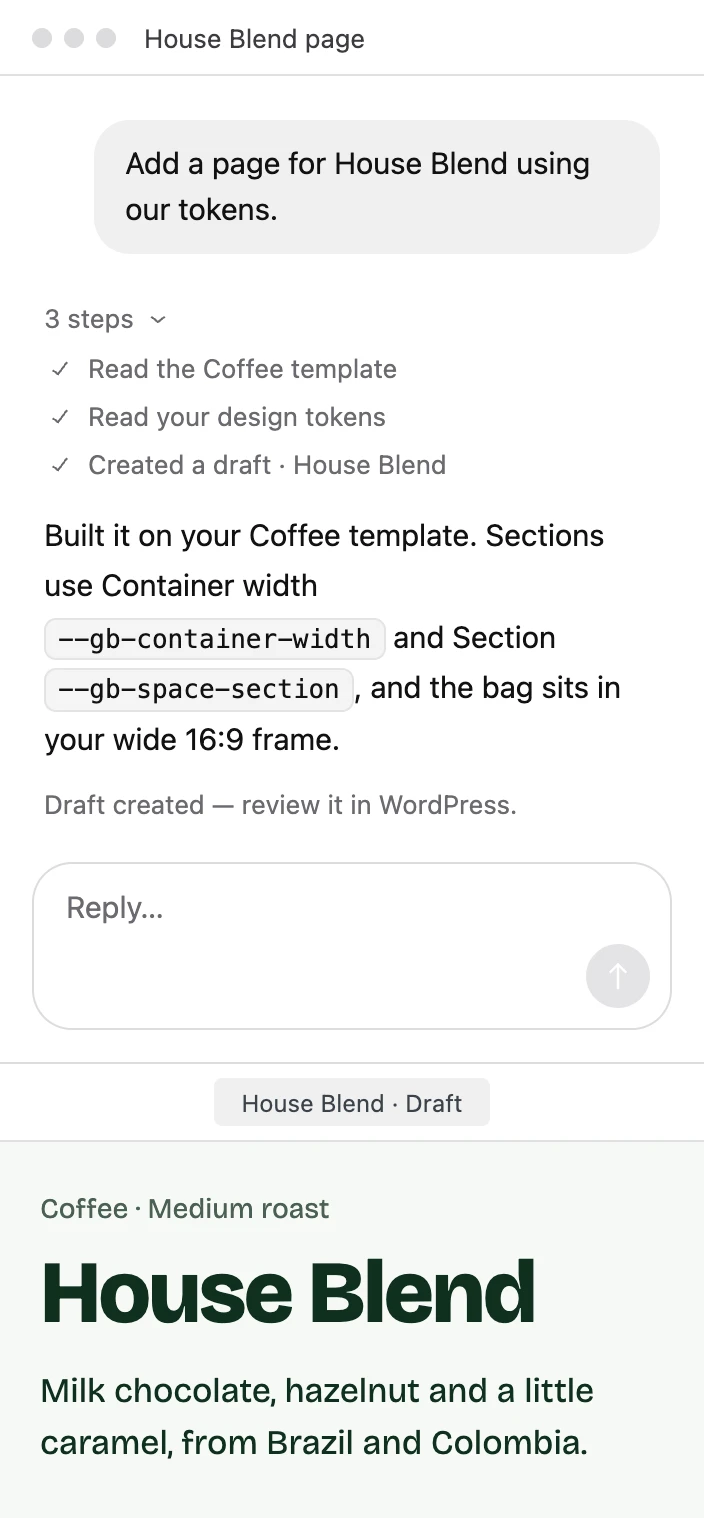 An AI session asking for a House Blend page, with the steps it took and the draft page it created beside it