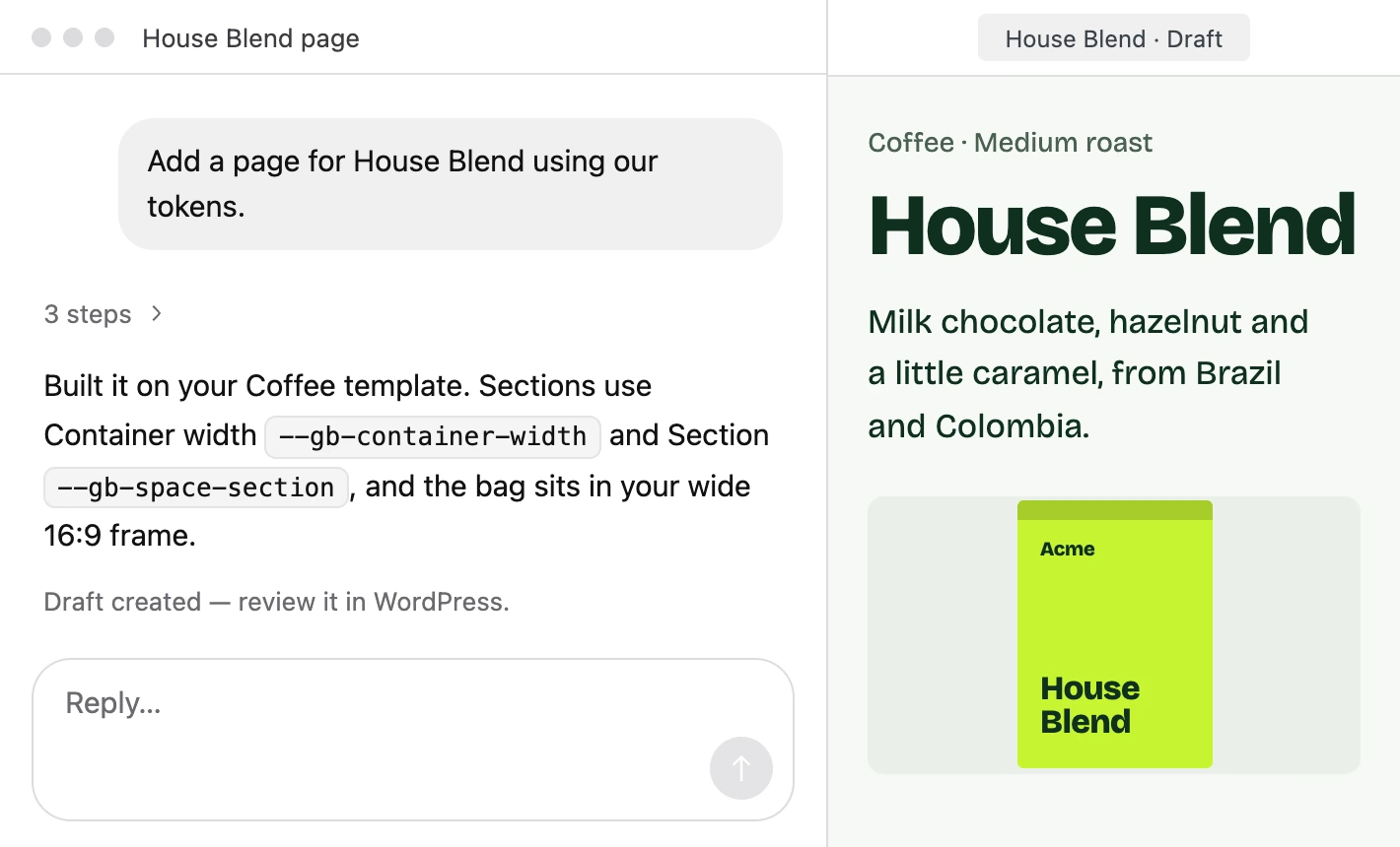 A request to add a page for House Blend, answered with the tokens it used, beside the drafted House Blend page