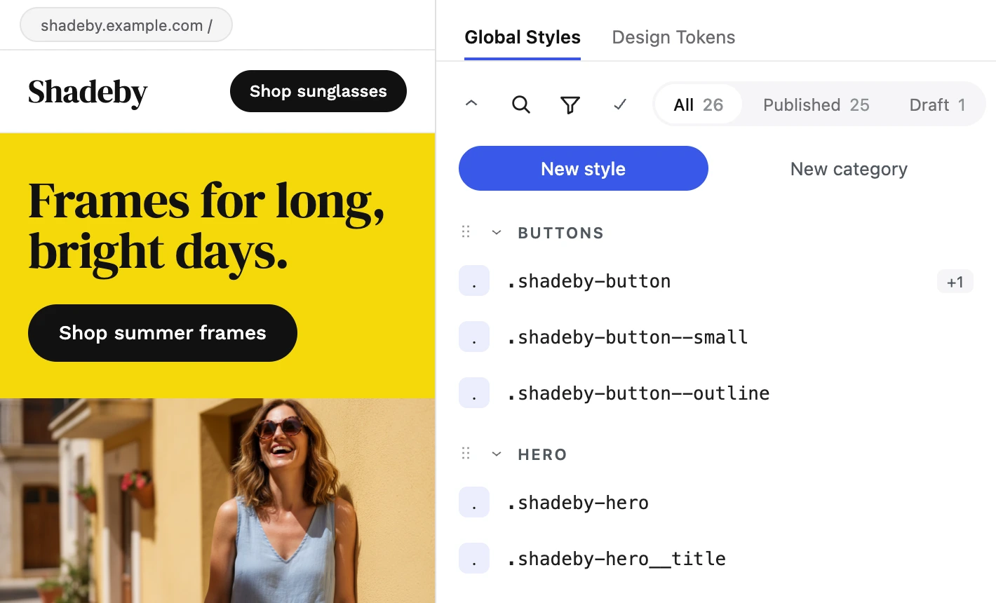 The Global Styles panel beside Shadeby’s home page, listing its button and hero styles