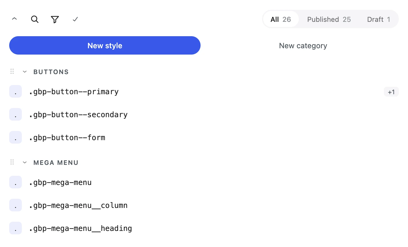 The Global Styles panel: All, Published and Draft counts, New style, and the button and mega menu classes
