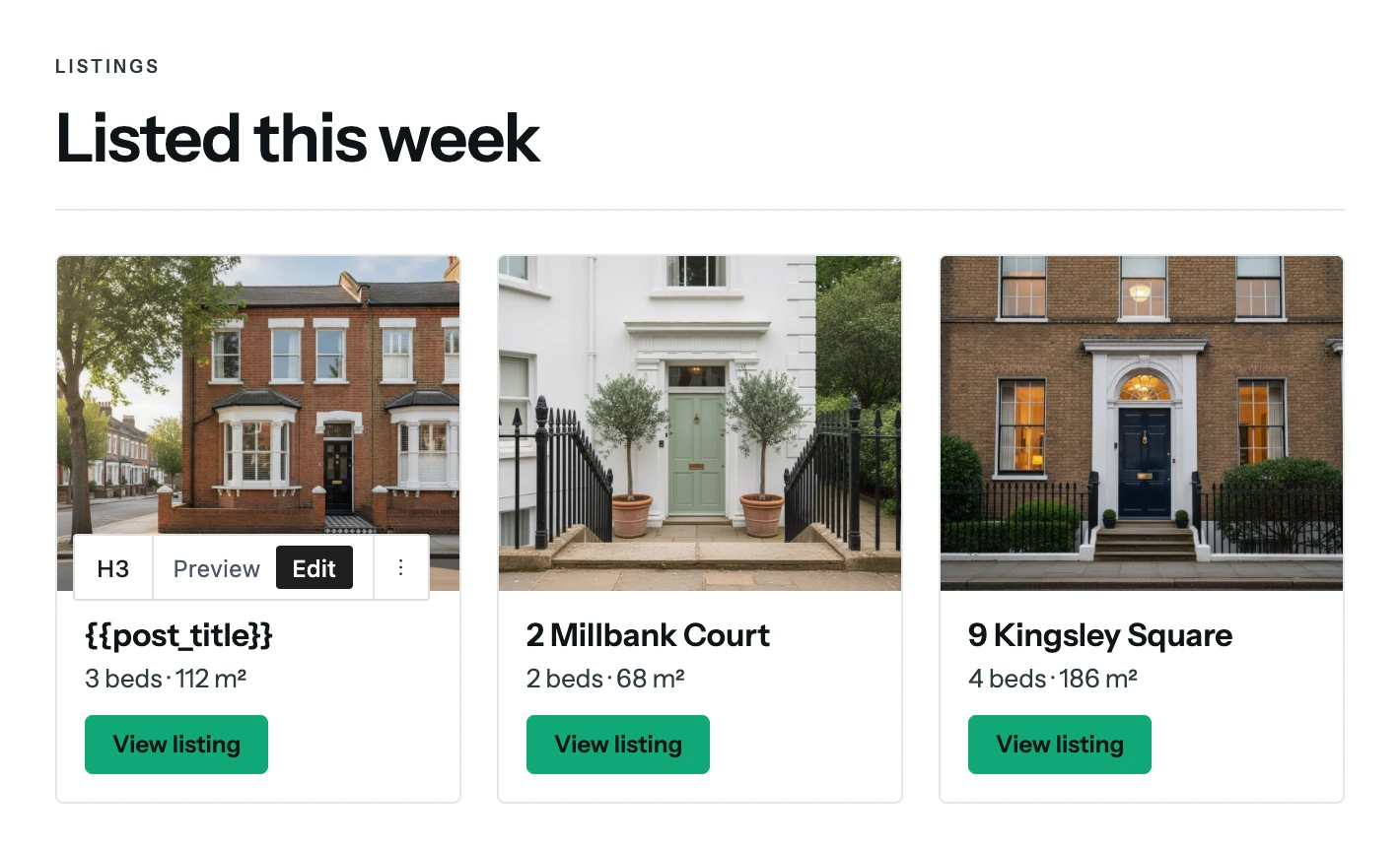 Sedgewell’s Listed this week section in the editor: three listings across, the first address still its post title tag