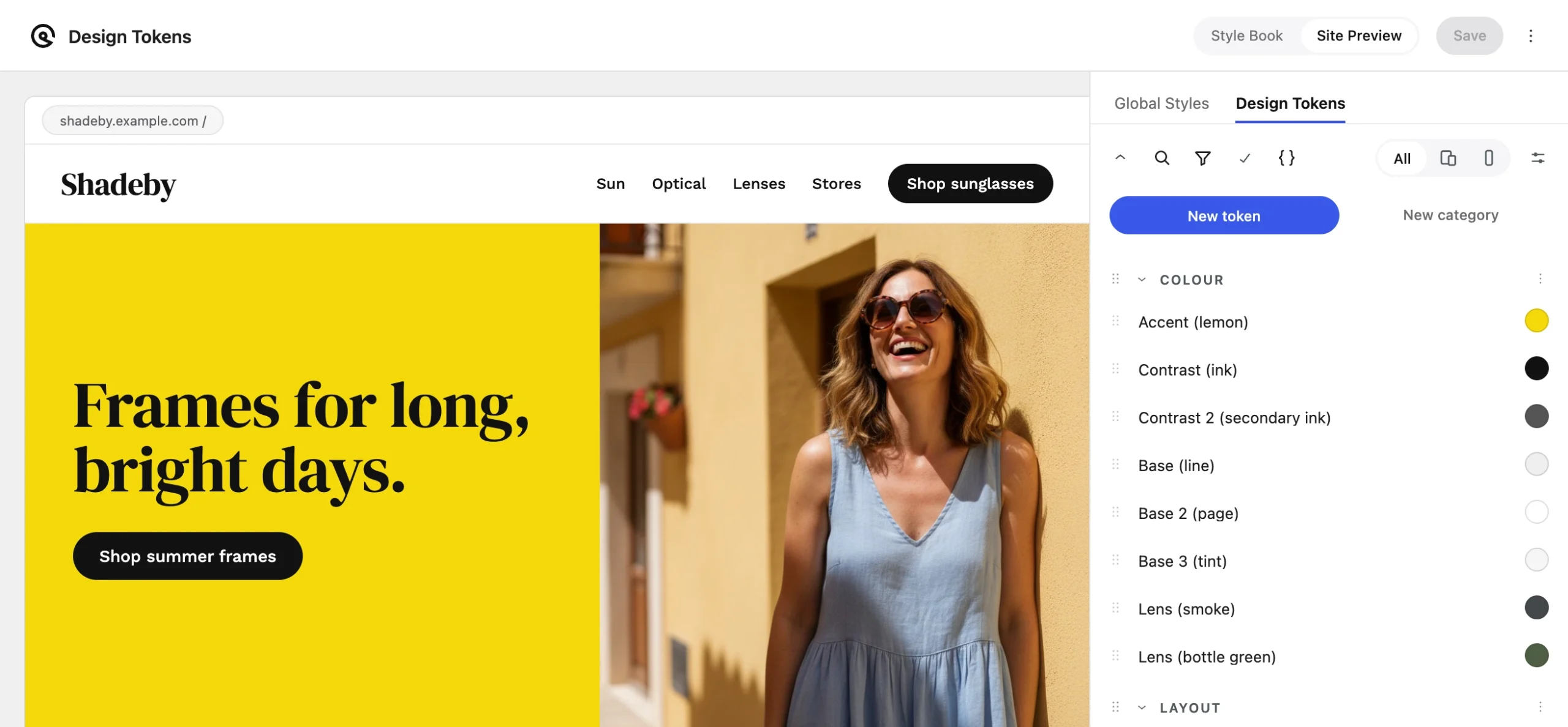 The Design Tokens screen: Shadeby’s home page in the site preview beside its tokens, lemon accent and ink first