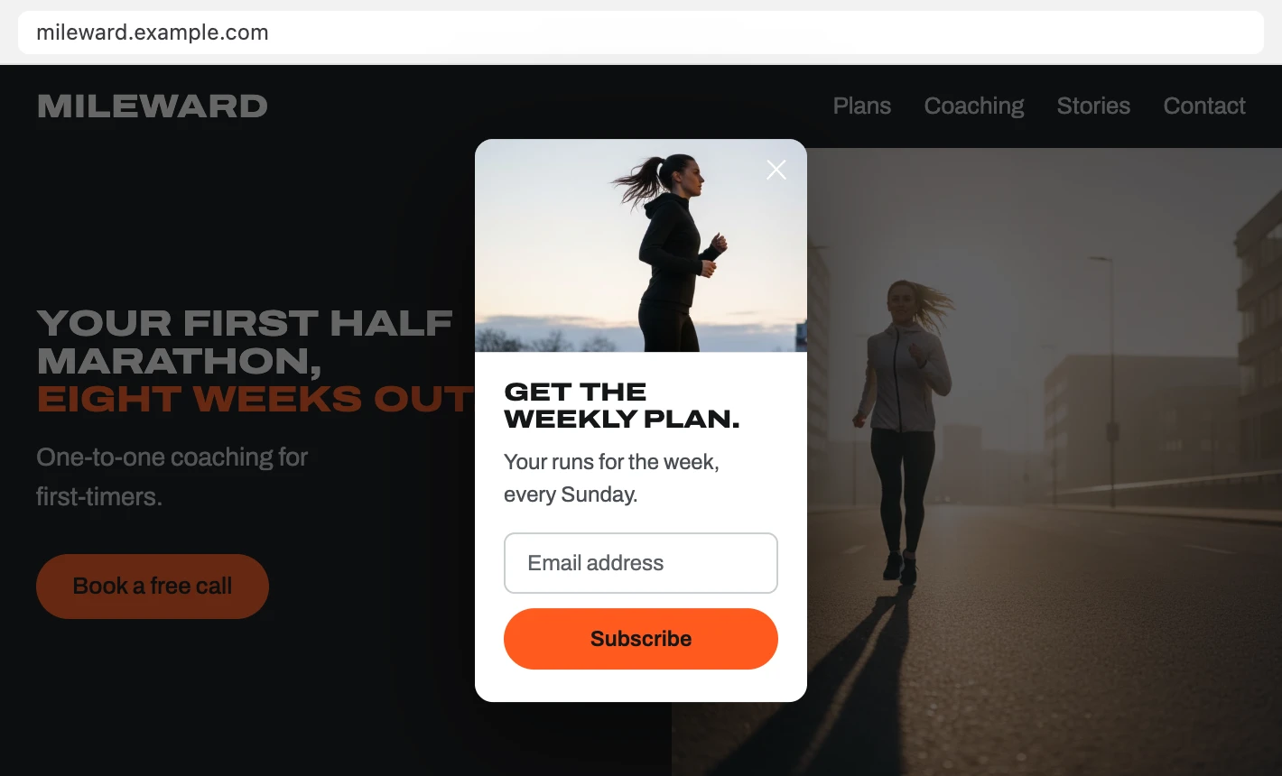 Mileward’s home page dimmed behind the Get the weekly plan popup, a runner at dawn above the email field