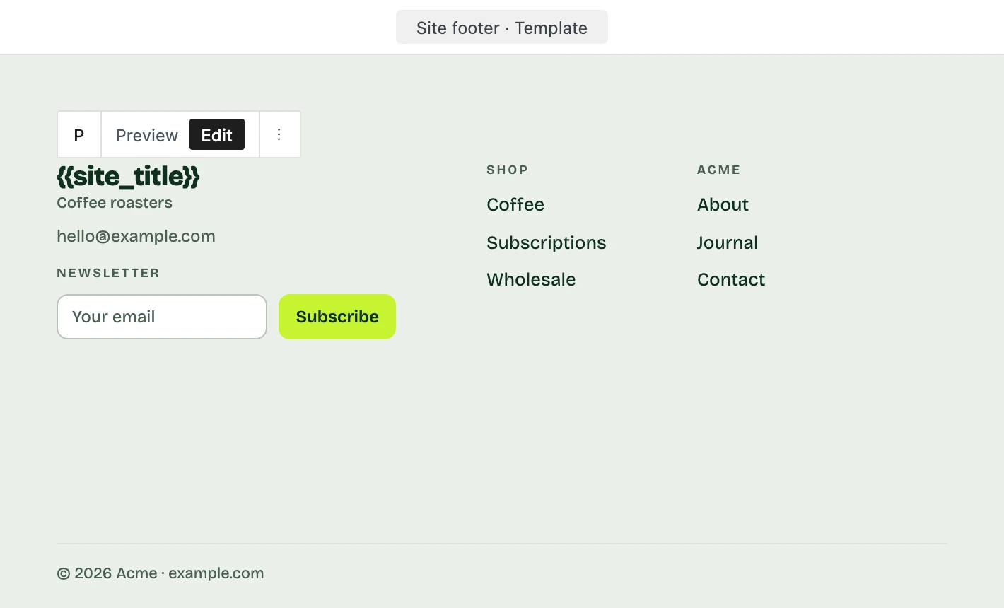 Acme’s footer open as a template in Edit mode, its title a site title tag, with Shop and Acme link columns and a newsletter field