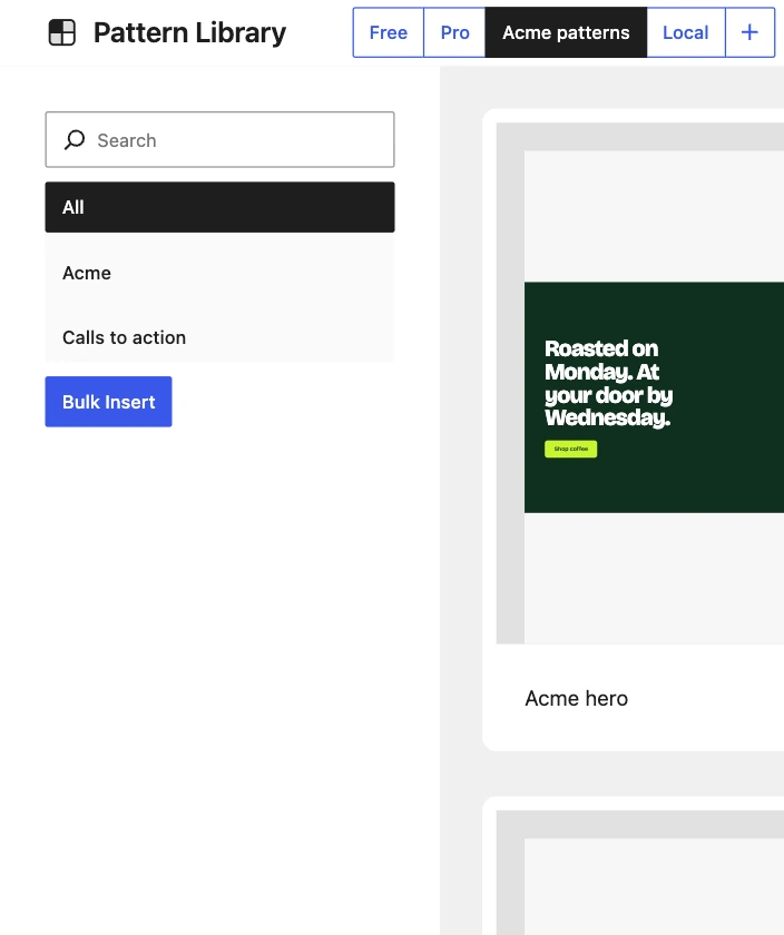Acme patterns open in the editor’s Pattern Library, with Acme’s hero at the top