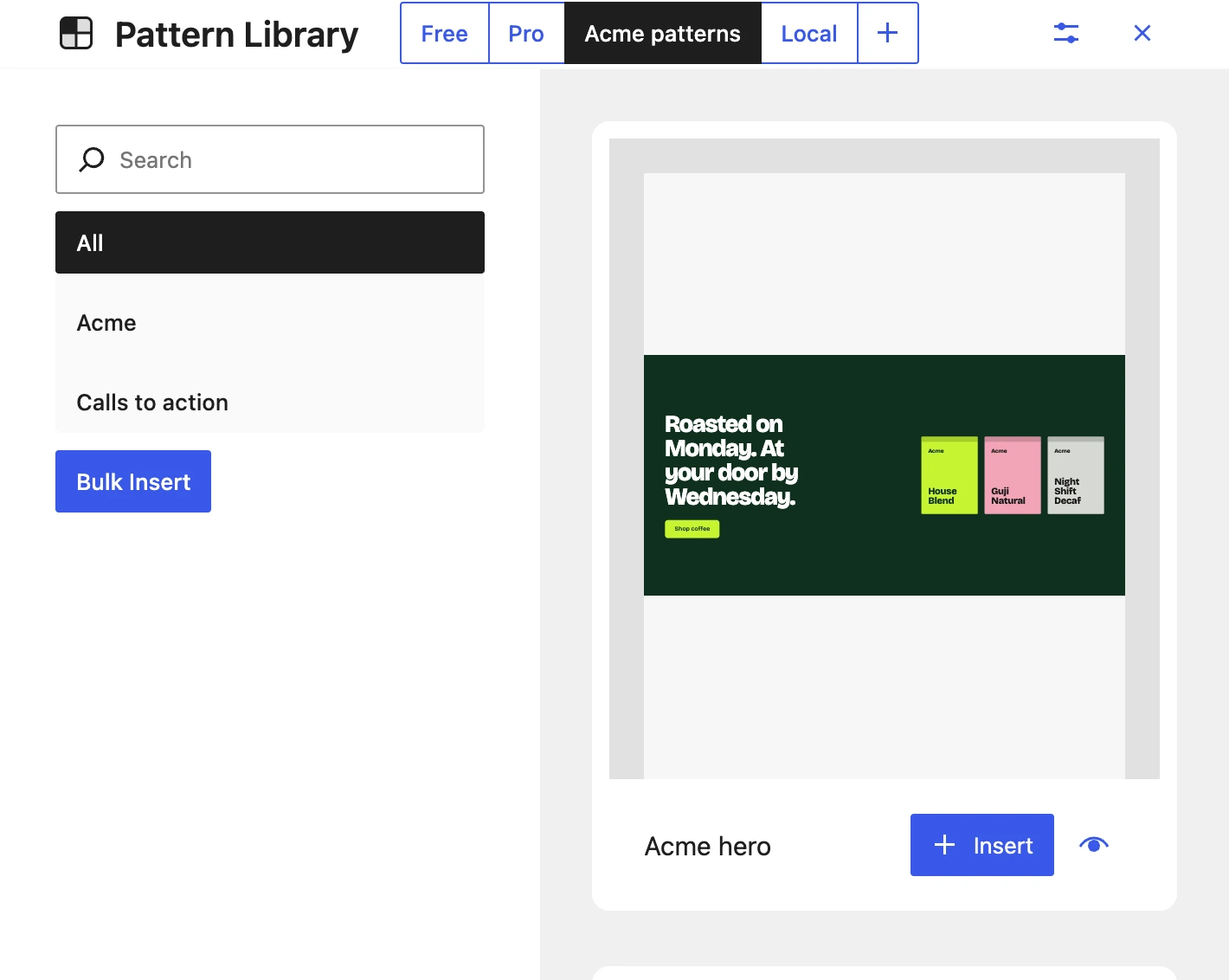 The Pattern Library in the editor on Acme’s site, open on Acme patterns, showing Acme’s hero ready to insert