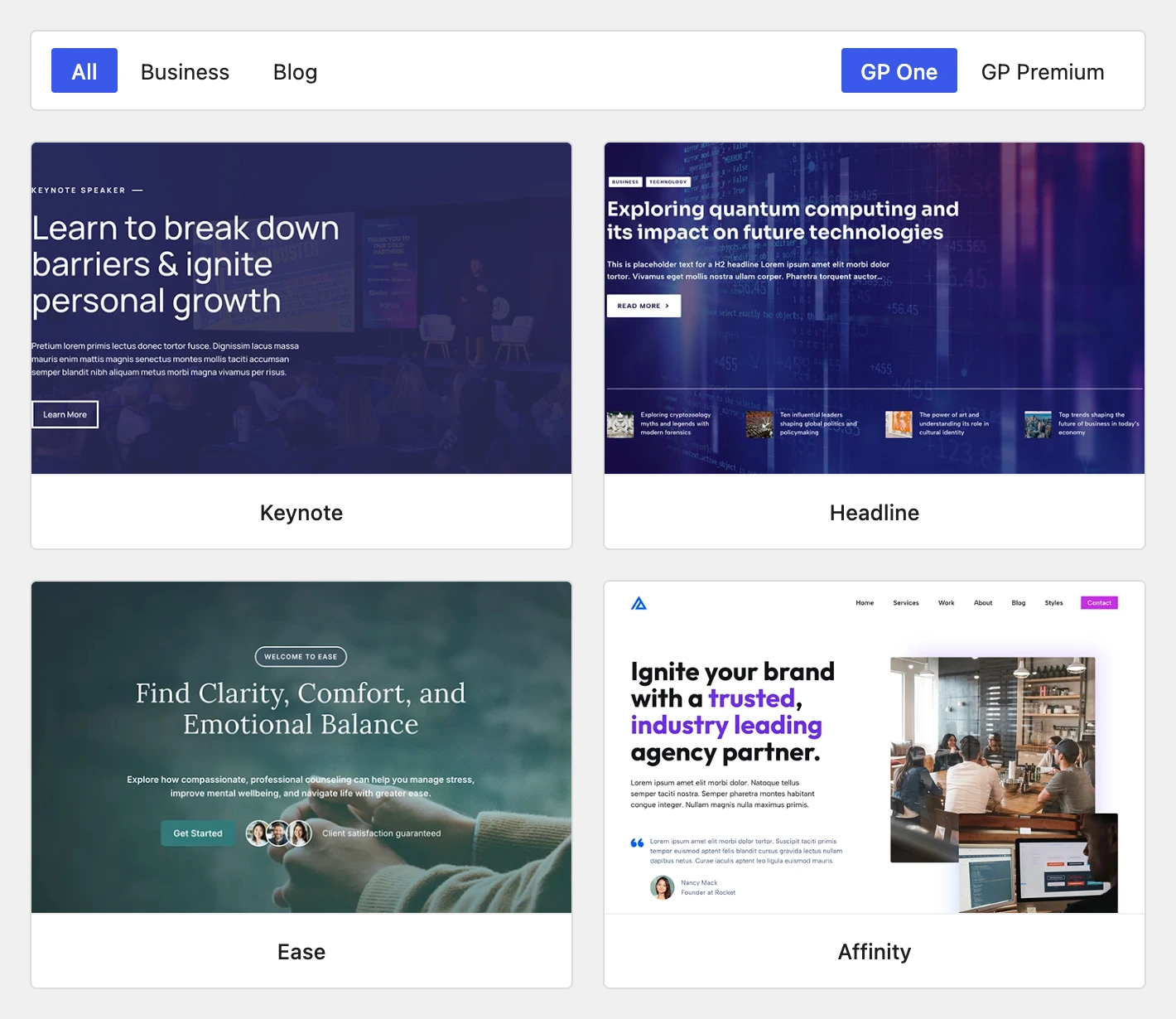 The Site Library: its filter row, the GP One · GP Premium switch and four starter sites