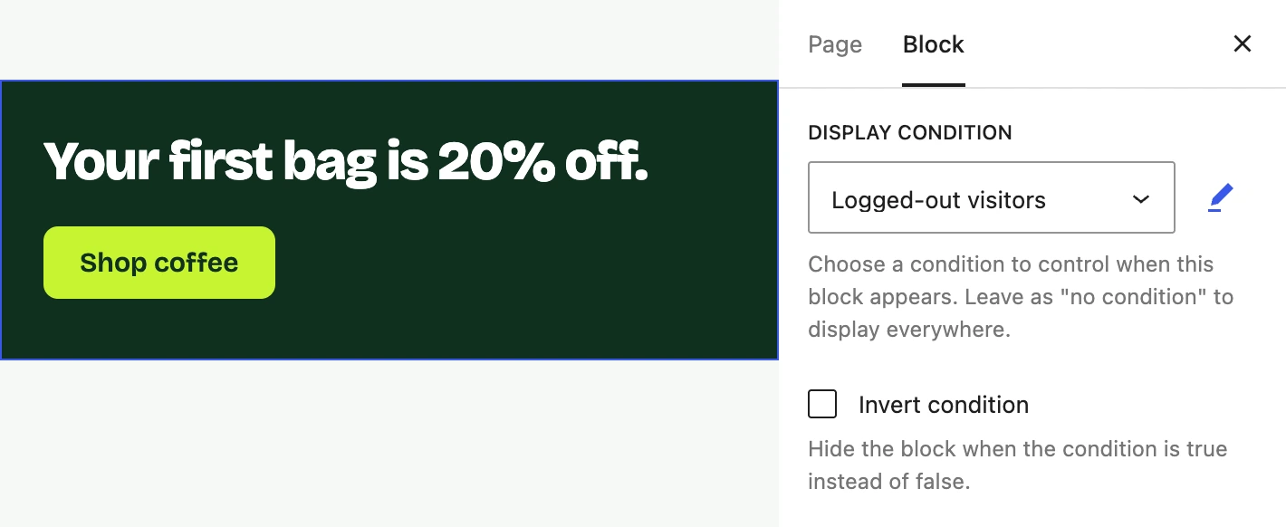 Acme’s first-bag offer selected in the editor, set to show only to logged-out visitors